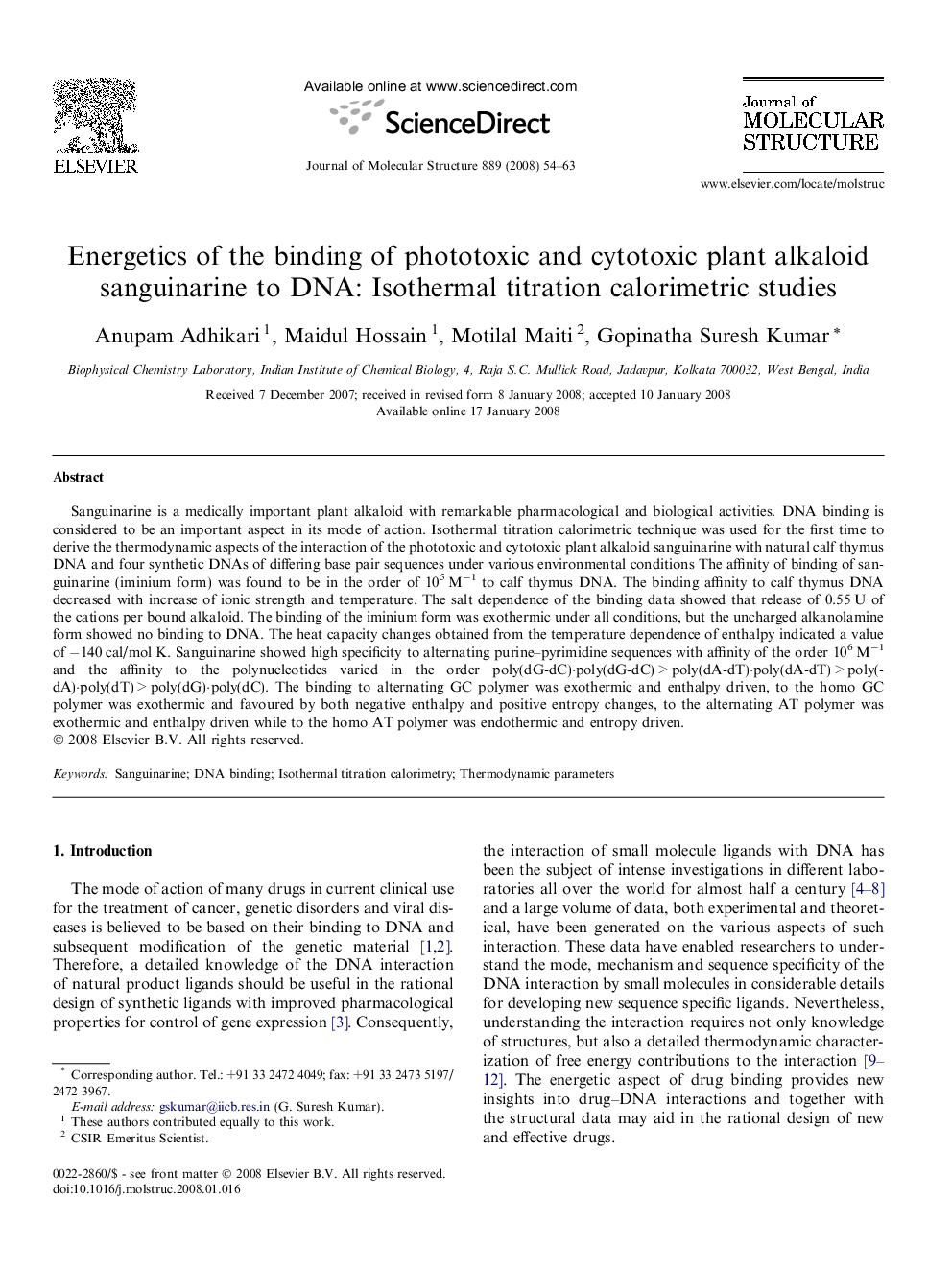 Energetics of the binding of phototoxic and cytotoxic plant alkaloid sanguinarine to DNA: Isothermal titration calorimetric studies