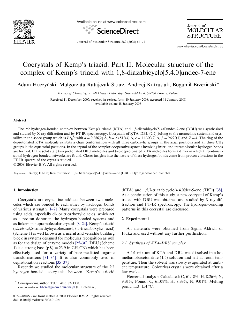 Cocrystals of Kemp's triacid. Part II. Molecular structure of the complex of Kemp's triacid with 1,8-diazabicyclo[5.4.0]undec-7-ene