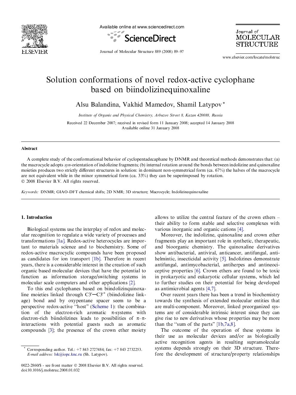 Solution conformations of novel redox-active cyclophane based on biindolizinequinoxaline