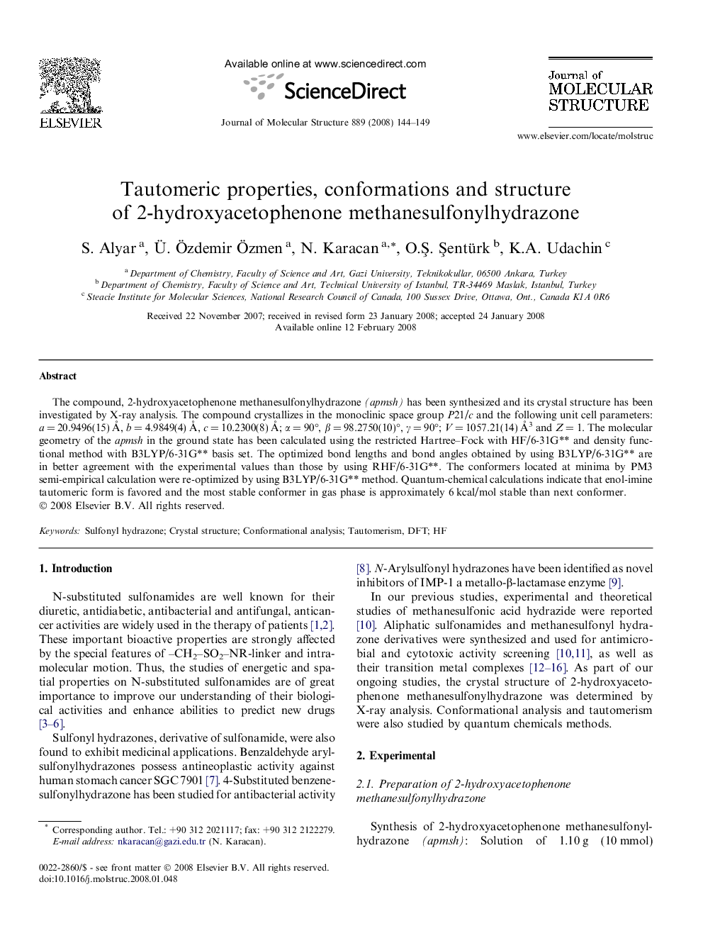 Tautomeric properties, conformations and structure of 2-hydroxyacetophenone methanesulfonylhydrazone