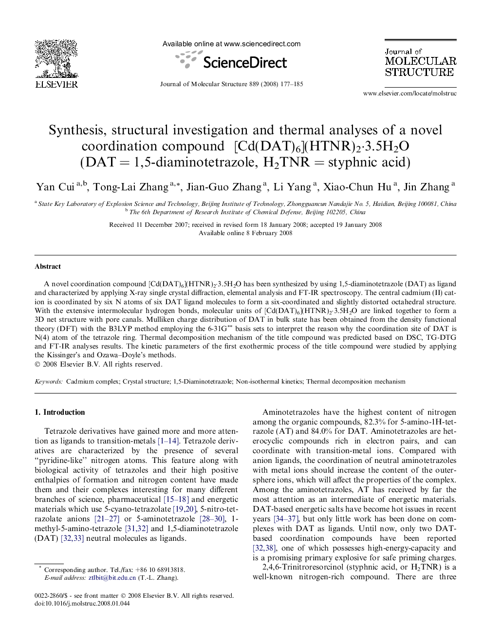 Synthesis, structural investigation and thermal analyses of a novel coordination compound [Cd(DAT)6](HTNR)2·3.5H2O (DAT = 1,5-diaminotetrazole, H2TNR = styphnic acid)