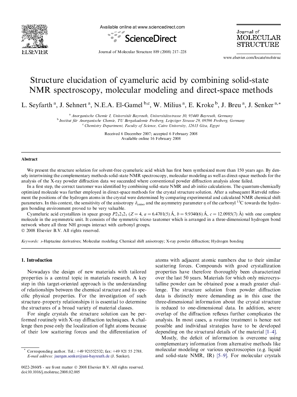 Structure elucidation of cyameluric acid by combining solid-state NMR spectroscopy, molecular modeling and direct-space methods