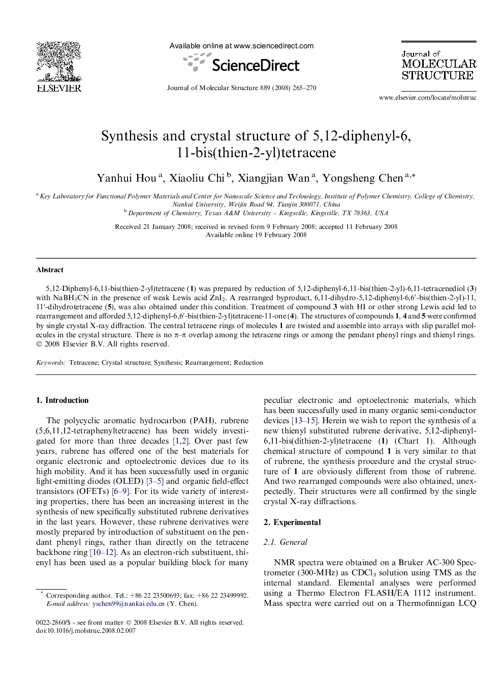 Synthesis and crystal structure of 5,12-diphenyl-6,11-bis(thien-2-yl)tetracene