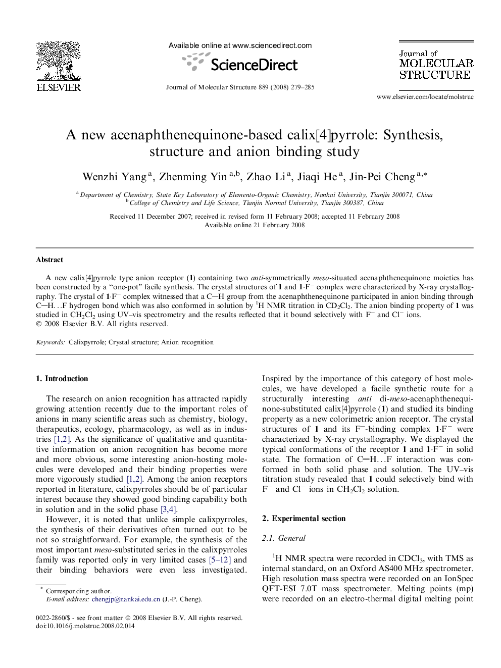 A new acenaphthenequinone-based calix[4]pyrrole: Synthesis, structure and anion binding study