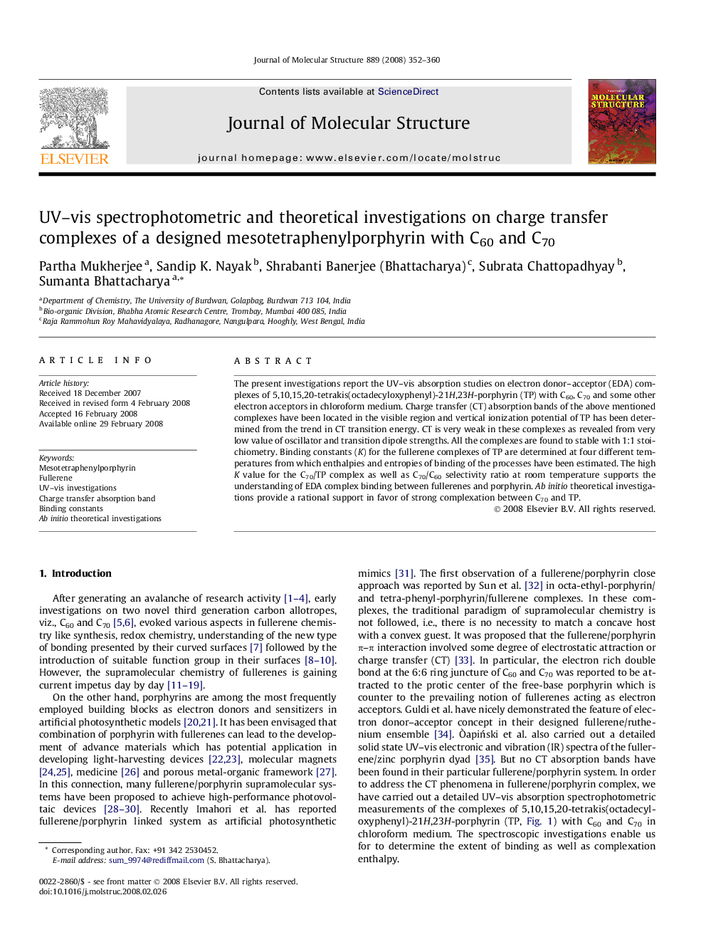 UV–vis spectrophotometric and theoretical investigations on charge transfer complexes of a designed mesotetraphenylporphyrin with C60 and C70