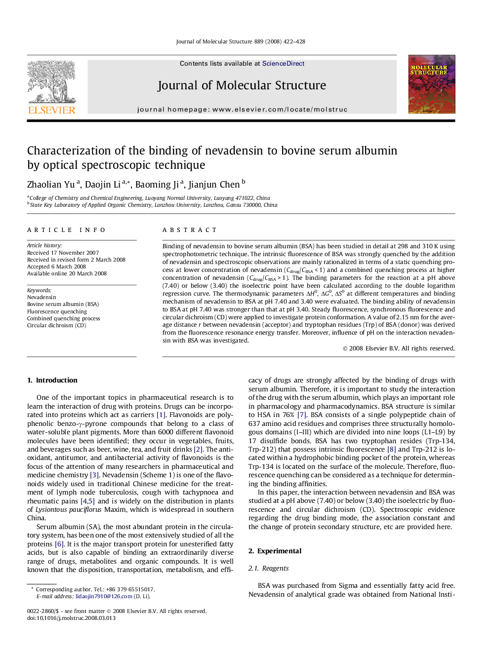 Characterization of the binding of nevadensin to bovine serum albumin by optical spectroscopic technique