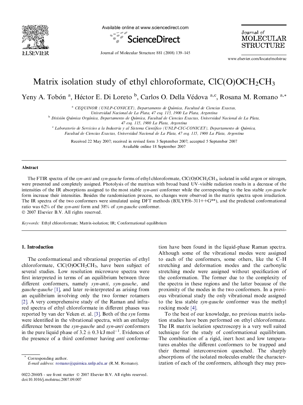 Matrix isolation study of ethyl chloroformate, ClC(O)OCH2CH3