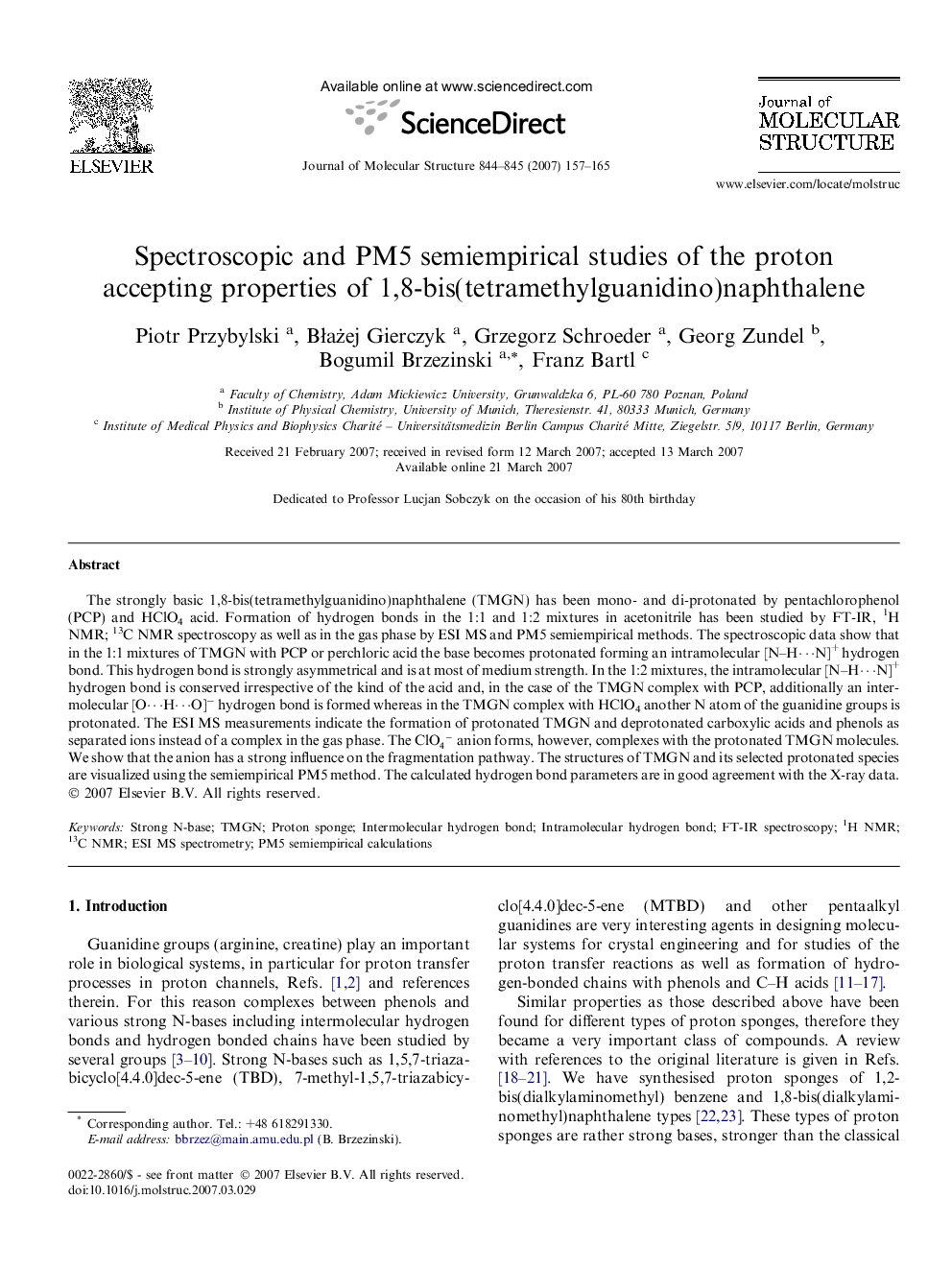 Spectroscopic and PM5 semiempirical studies of the proton accepting properties of 1,8-bis(tetramethylguanidino)naphthalene