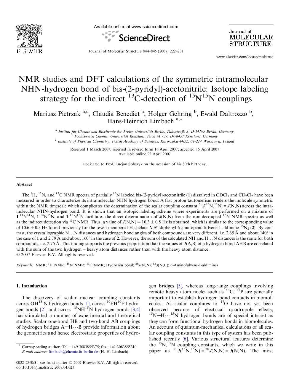 NMR studies and DFT calculations of the symmetric intramolecular NHN-hydrogen bond of bis-(2-pyridyl)-acetonitrile: Isotope labeling strategy for the indirect 13C-detection of 15N15N couplings