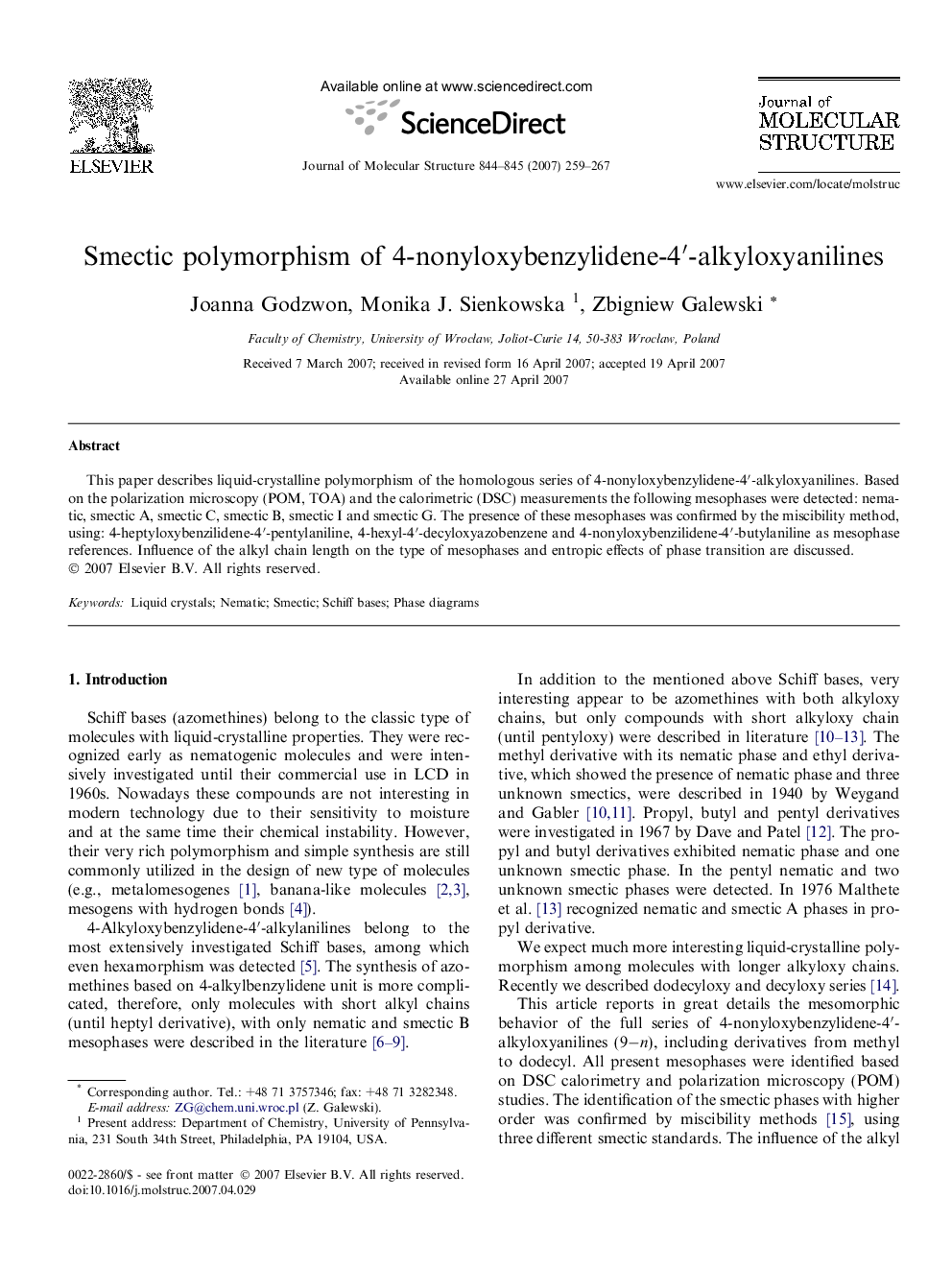 Smectic polymorphism of 4-nonyloxybenzylidene-4′-alkyloxyanilines