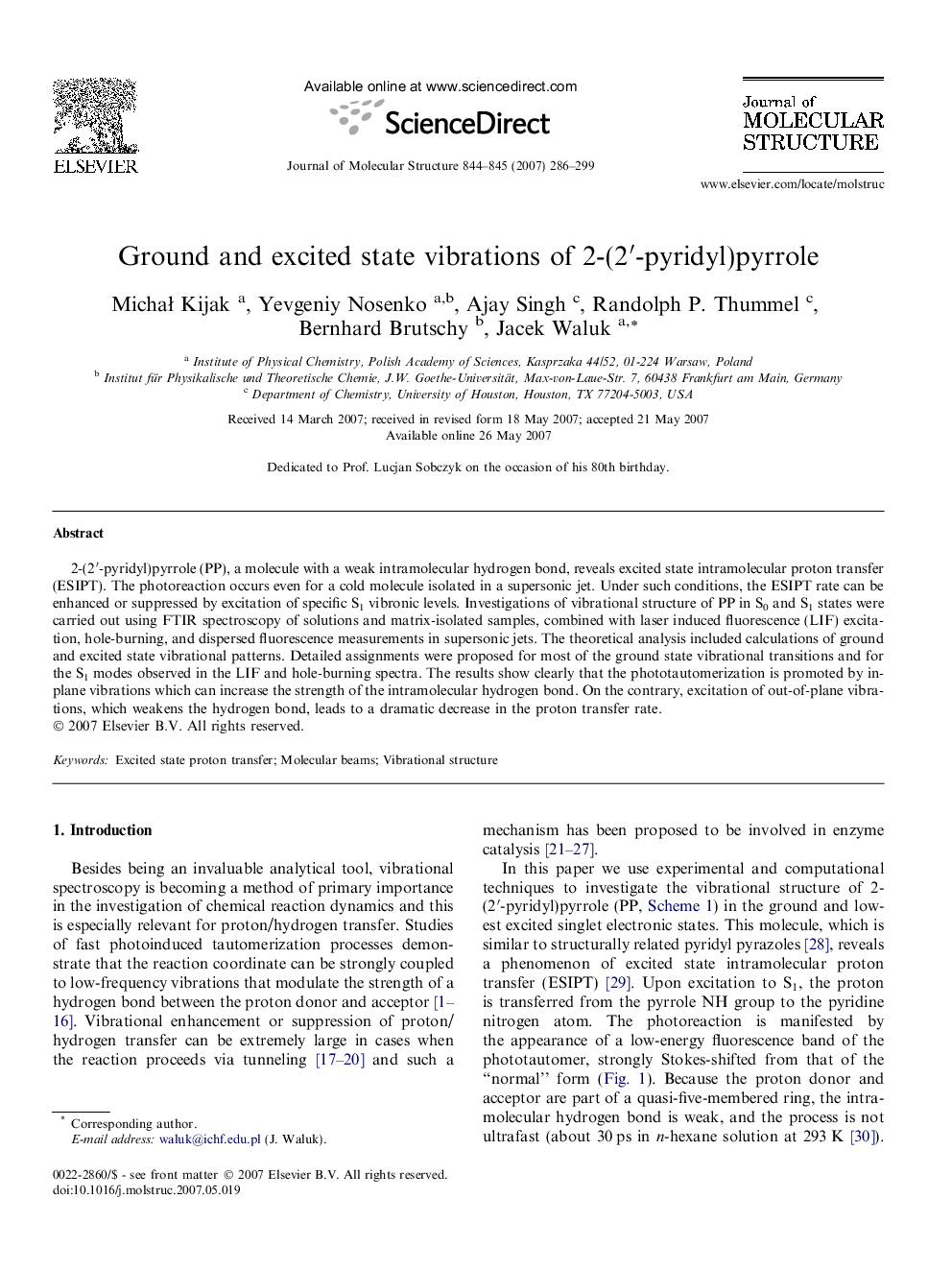 Ground and excited state vibrations of 2-(2′-pyridyl)pyrrole