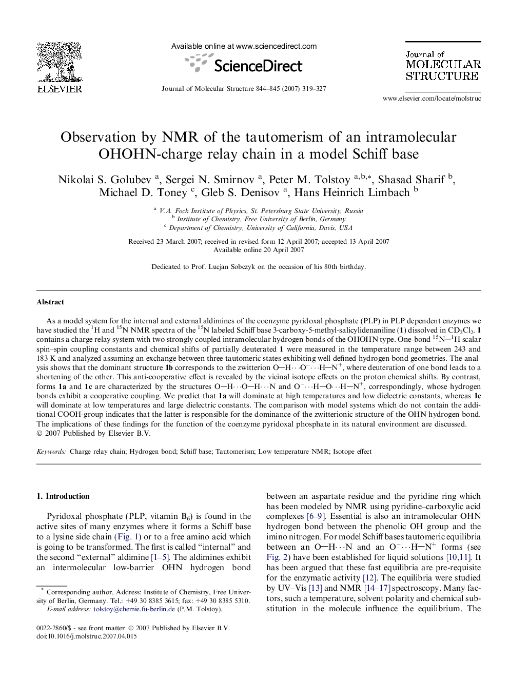 Observation by NMR of the tautomerism of an intramolecular OHOHN-charge relay chain in a model Schiff base