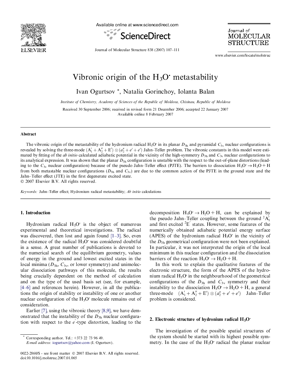 Vibronic origin of the H3O metastability