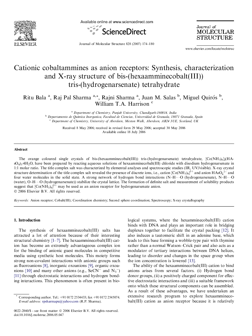 Cationic cobaltammines as anion receptors: Synthesis, characterization and X-ray structure of bis-(hexaamminecobalt(III)) tris-(hydrogenarsenate) tetrahydrate