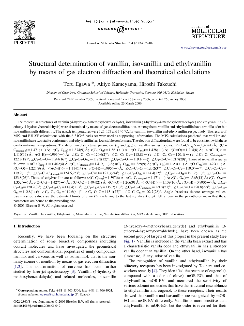 Structural determination of vanillin, isovanillin and ethylvanillin by means of gas electron diffraction and theoretical calculations