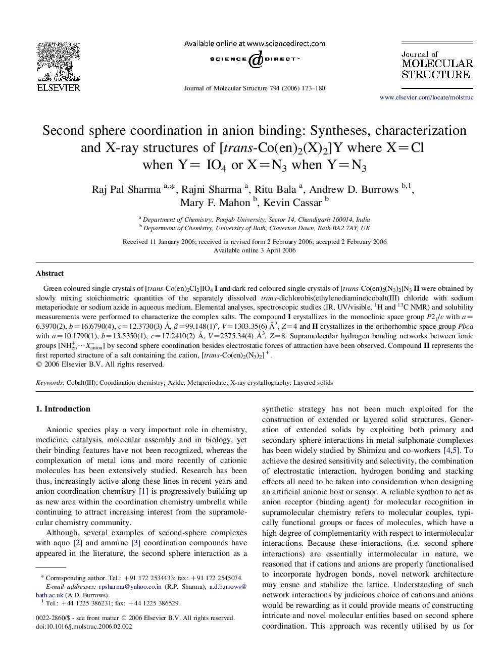 Second sphere coordination in anion binding: Syntheses, characterization and X-ray structures of [trans-Co(en)2(X)2]Y where X=Cl when Y= IO4 or X=N3 when Y=N3