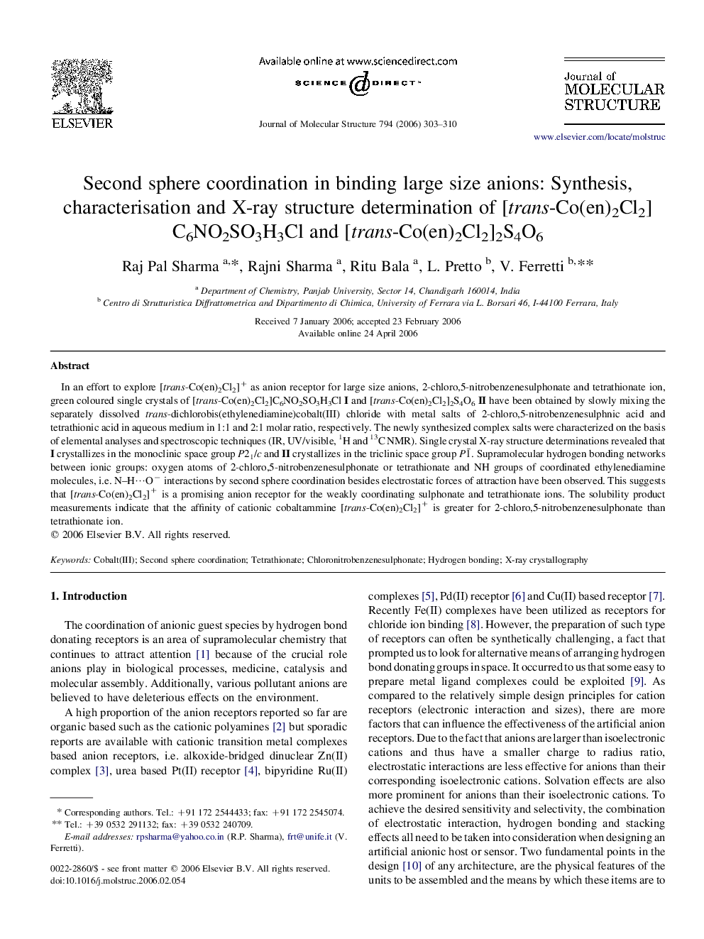 Second sphere coordination in binding large size anions: Synthesis, characterisation and X-ray structure determination of [trans-Co(en)2Cl2]C6NO2SO3H3Cl and [trans-Co(en)2Cl2]2S4O6