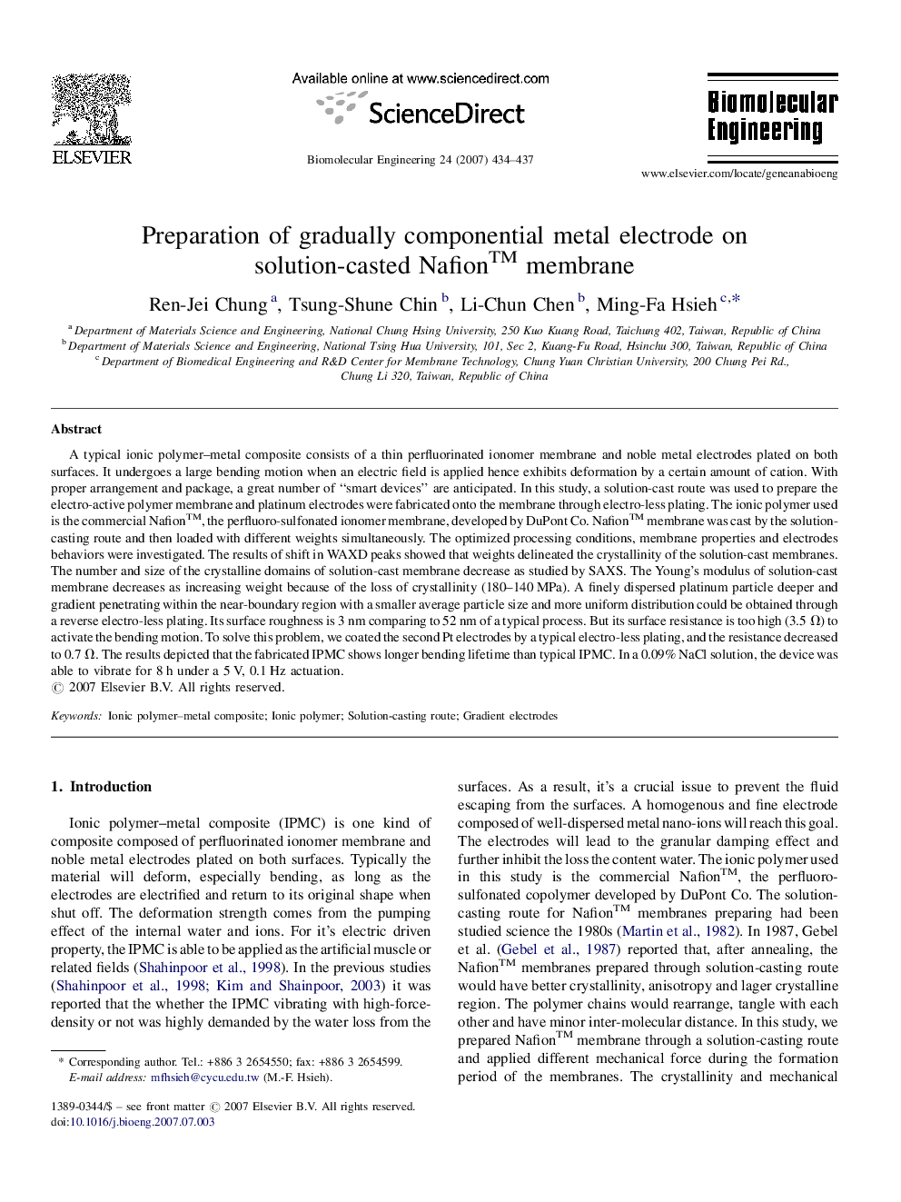 Preparation of gradually componential metal electrode on solution-casted Nafion™ membrane