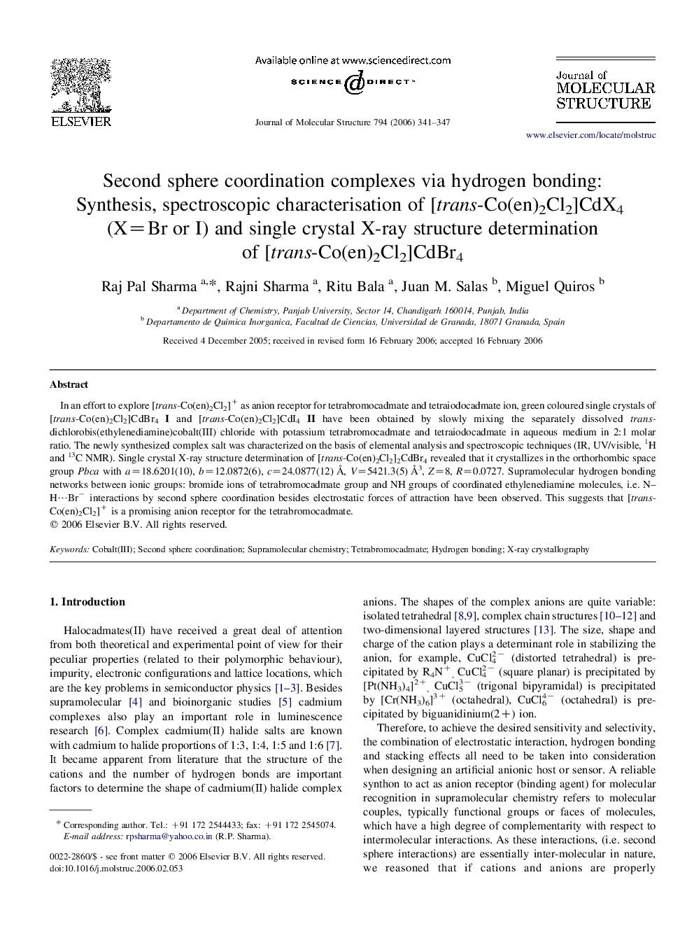 Second sphere coordination complexes via hydrogen bonding: Synthesis, spectroscopic characterisation of [trans-Co(en)2Cl2]CdX4 (X=Br or I) and single crystal X-ray structure determination of [trans-Co(en)2Cl2]CdBr4