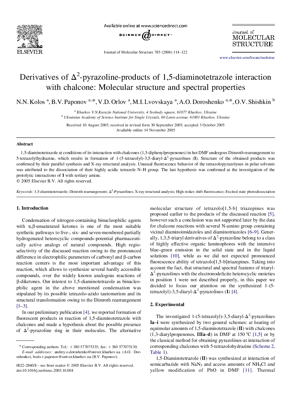 Derivatives of Δ2-pyrazoline-products of 1,5-diaminotetrazole interaction with chalcone: Molecular structure and spectral properties