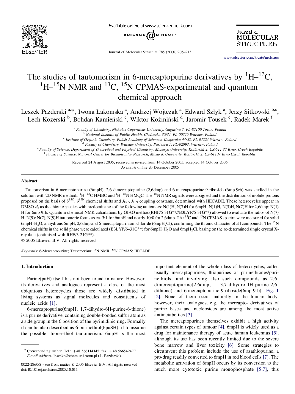 The studies of tautomerism in 6-mercaptopurine derivatives by 1H–13C, 1H–15N NMR and 13C, 15N CPMAS-experimental and quantum chemical approach