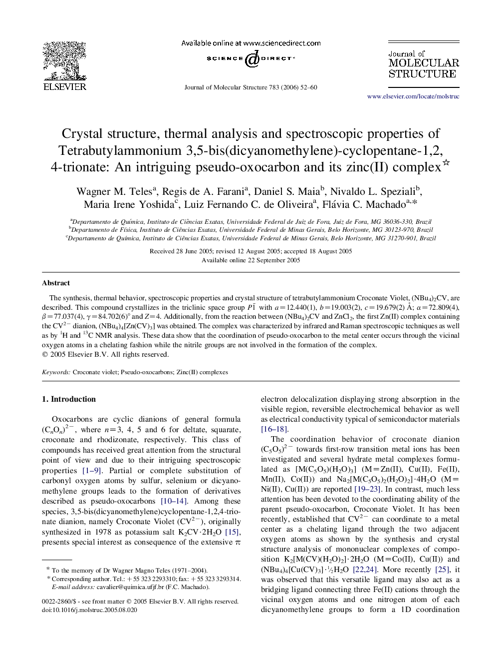 Crystal structure, thermal analysis and spectroscopic properties of Tetrabutylammonium 3,5-bis(dicyanomethylene)-cyclopentane-1,2,4-trionate: An intriguing pseudo-oxocarbon and its zinc(II) complex 