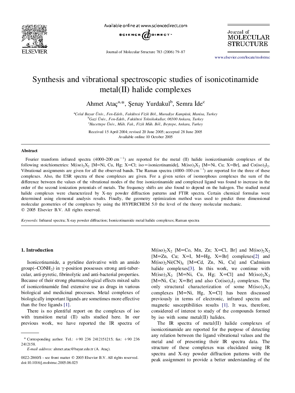 Synthesis and vibrational spectroscopic studies of isonicotinamide metal(II) halide complexes