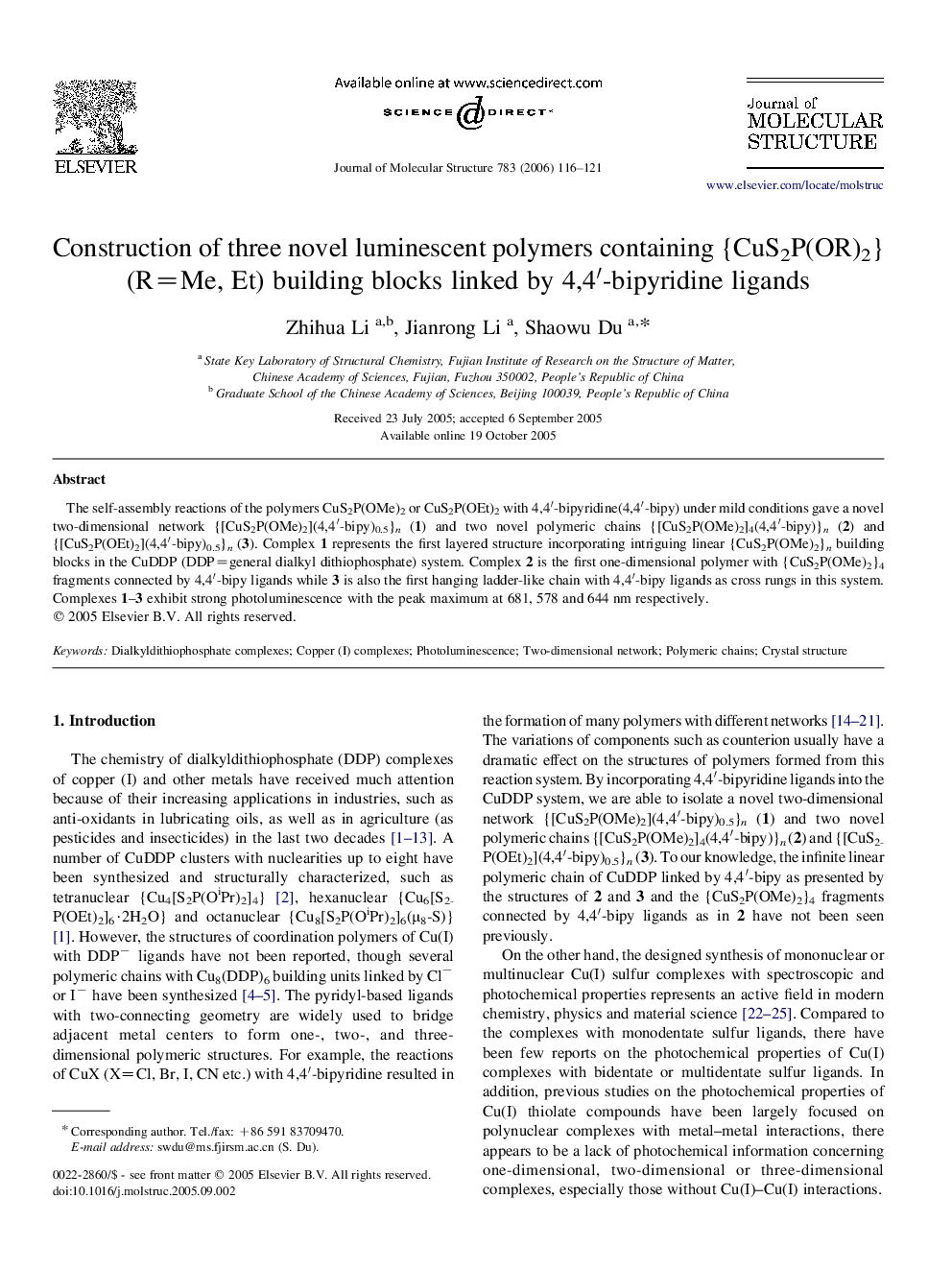 Construction of three novel luminescent polymers containing {CuS2P(OR)2} (R=Me, Et) building blocks linked by 4,4′-bipyridine ligands