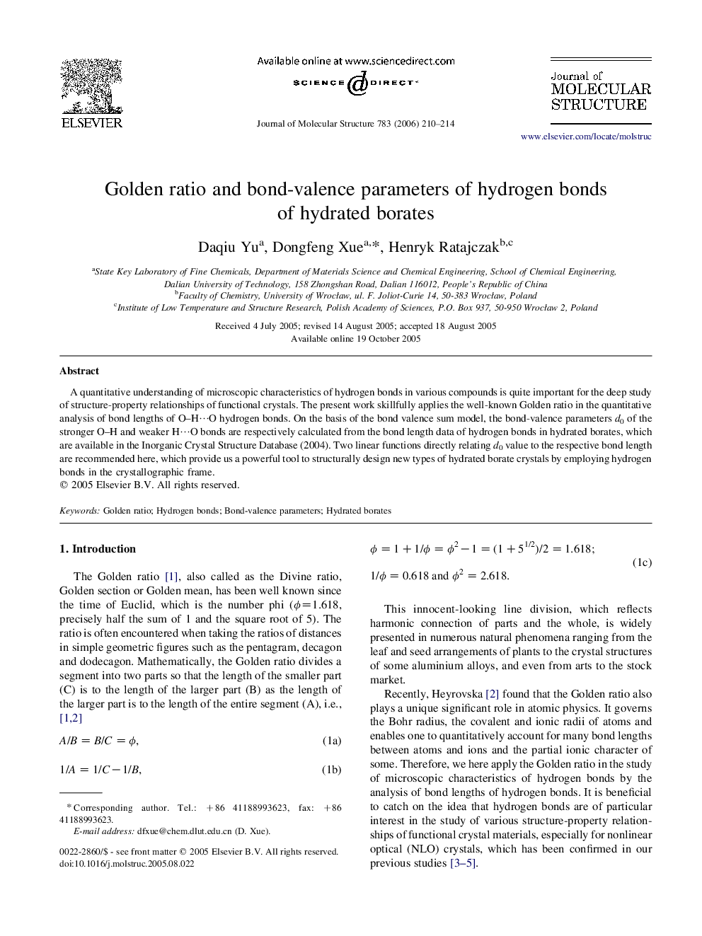 Golden ratio and bond-valence parameters of hydrogen bonds of hydrated borates