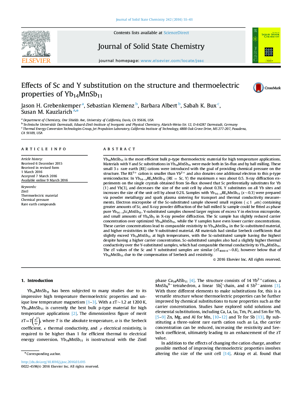 Effects of Sc and Y substitution on the structure and thermoelectric properties of Yb14MnSb11