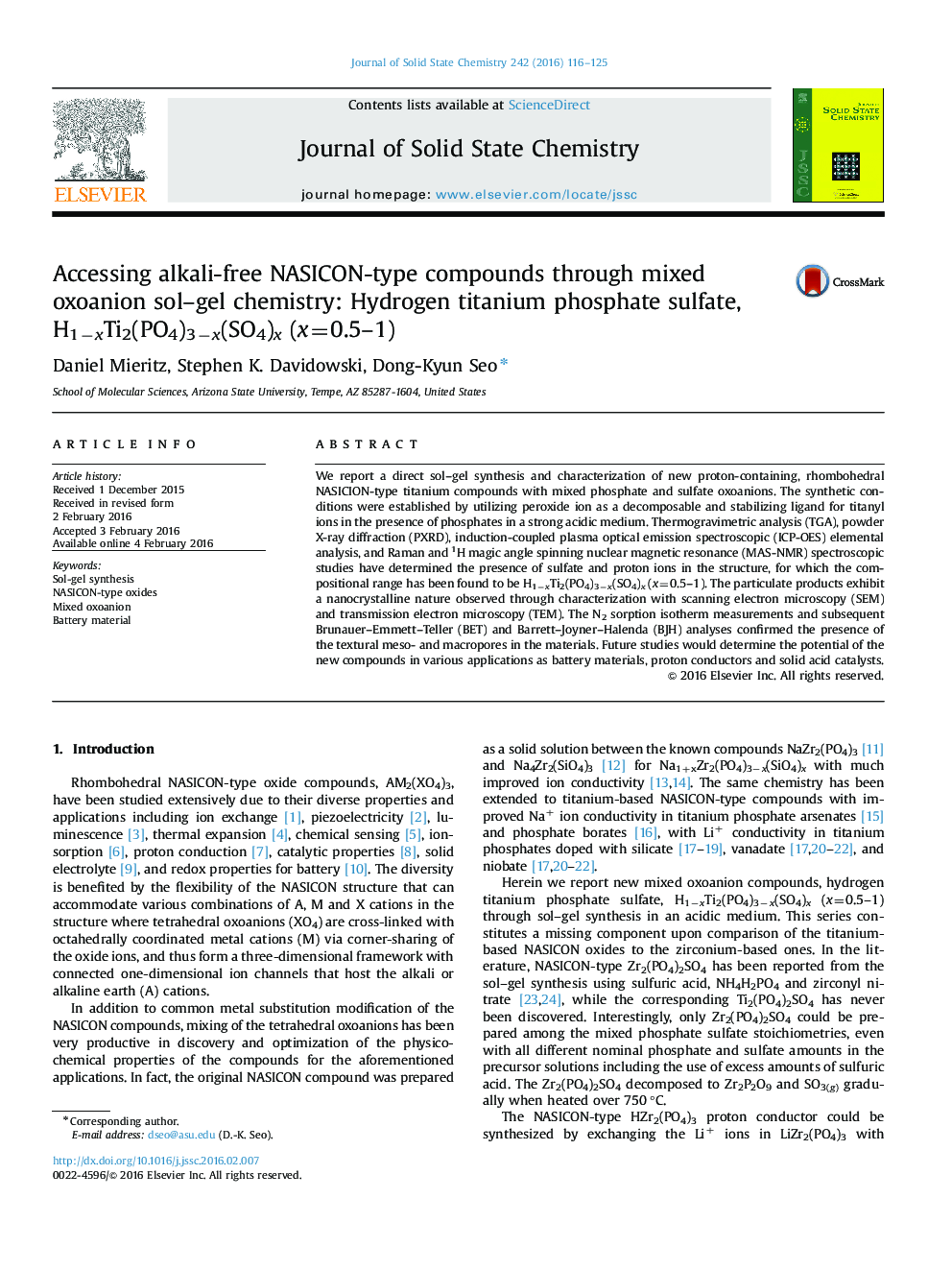 Accessing alkali-free NASICON-type compounds through mixed oxoanion sol-gel chemistry: Hydrogen titanium phosphate sulfate, H1âxTi2(PO4)3âx(SO4)x (x=0.5-1)