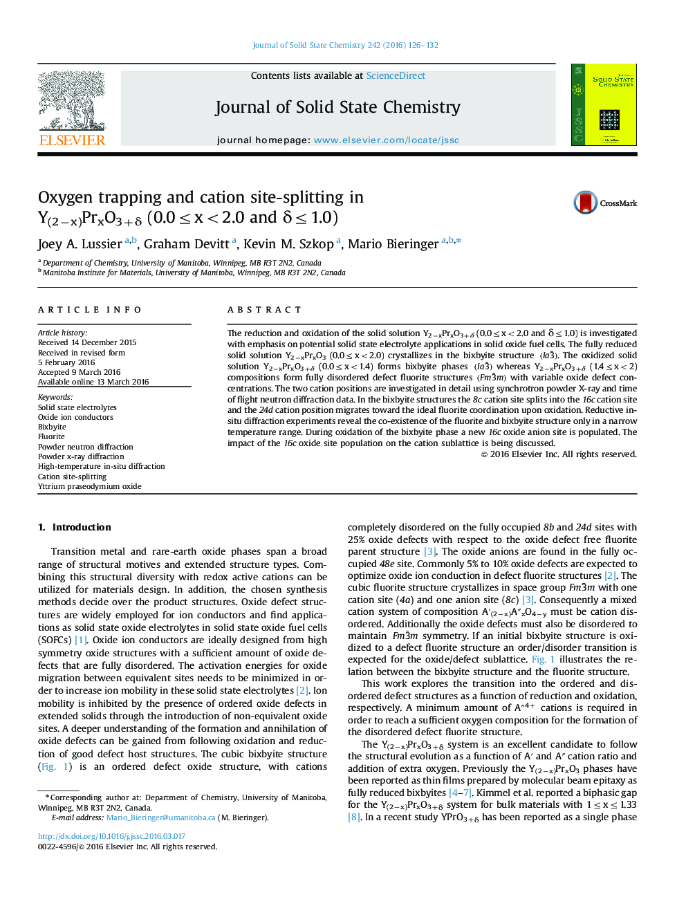 Oxygen trapping and cation site-splitting in Y(2âx)PrxO3+Î´ (0.0â¤x<2.0 and Î´â¤1.0)