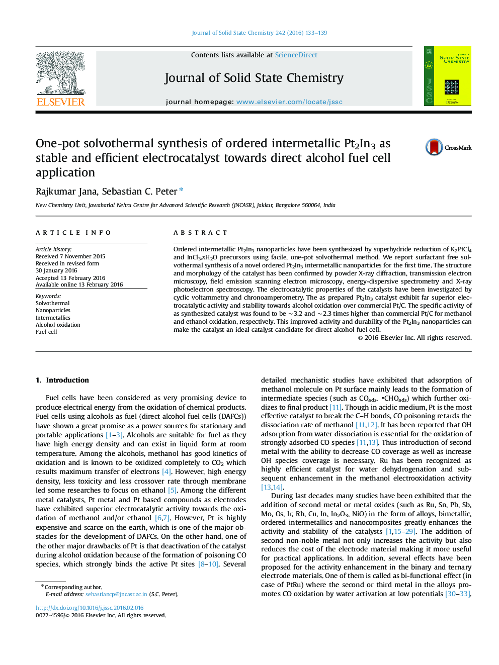 One-pot solvothermal synthesis of ordered intermetallic Pt2In3 as stable and efficient electrocatalyst towards direct alcohol fuel cell application