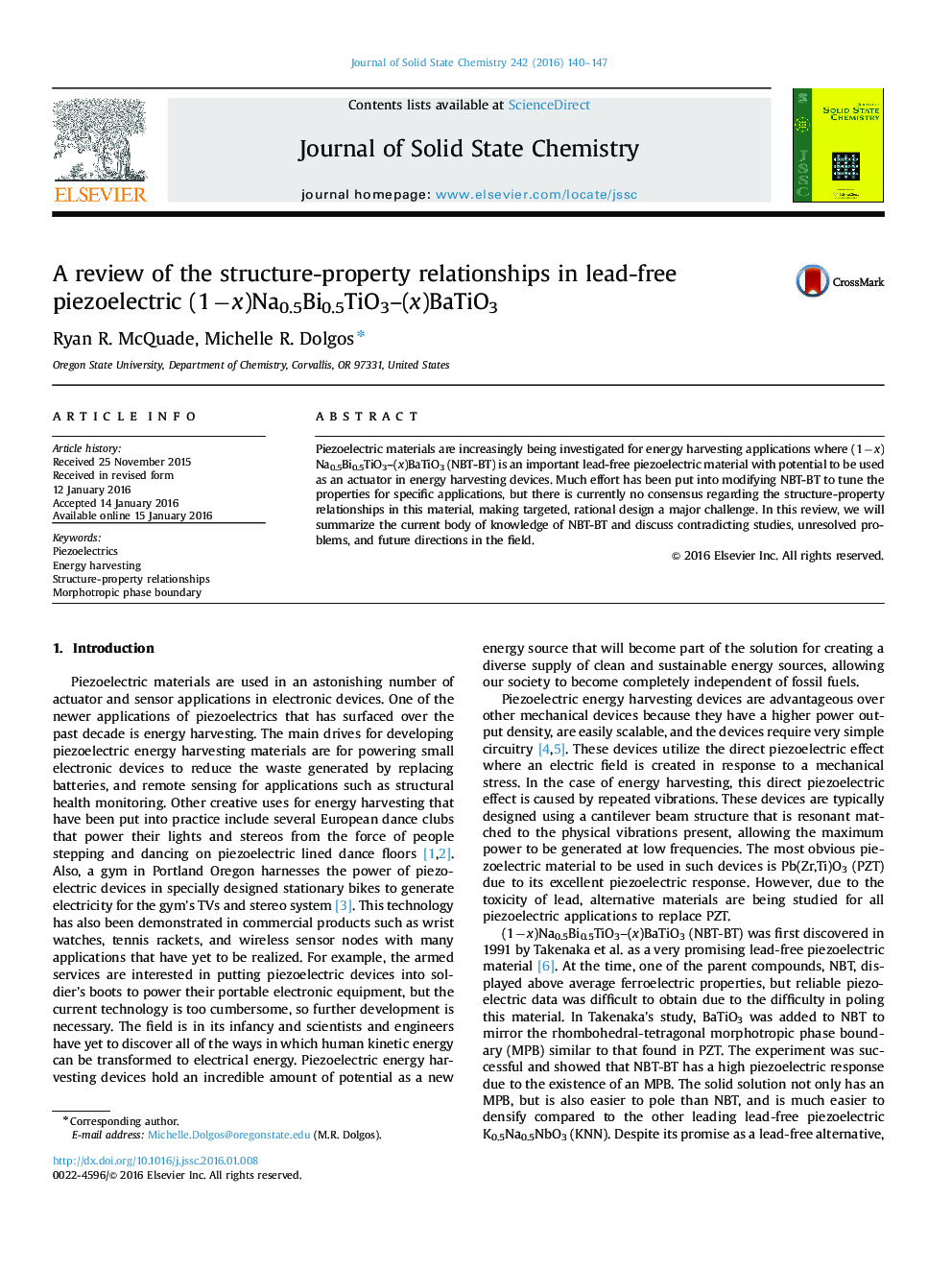 عکس صفحه اول مقاله: A review of the structure-property relationships in lead-free piezoelectric (1−x)Na0.5Bi0.5TiO3–(x)BaTiO3 A review of the structure-property relationships in lead-free piezoelectric (1−x)Na0.5Bi0.5TiO3–(x)BaTiO3