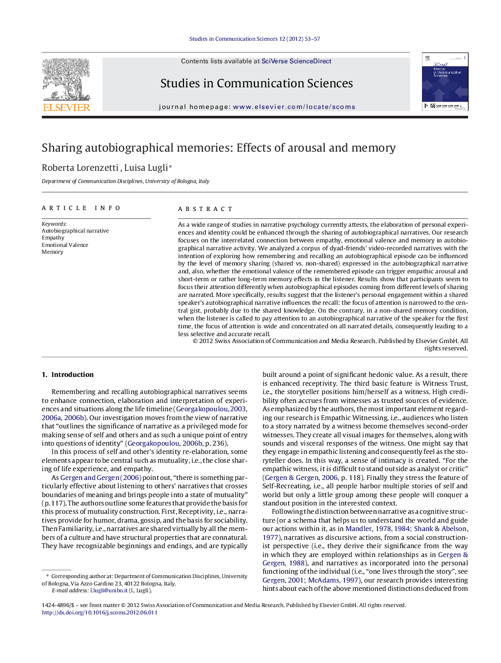 Sharing autobiographical memories: Effects of arousal and memory