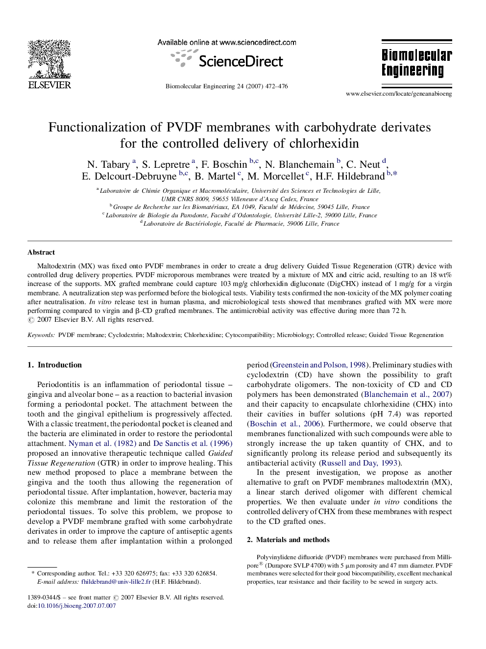 Functionalization of PVDF membranes with carbohydrate derivates for the controlled delivery of chlorhexidin