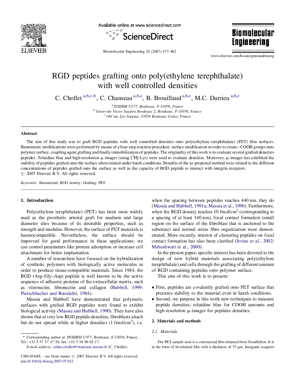 RGD peptides grafting onto poly(ethylene terephthalate) with well controlled densities