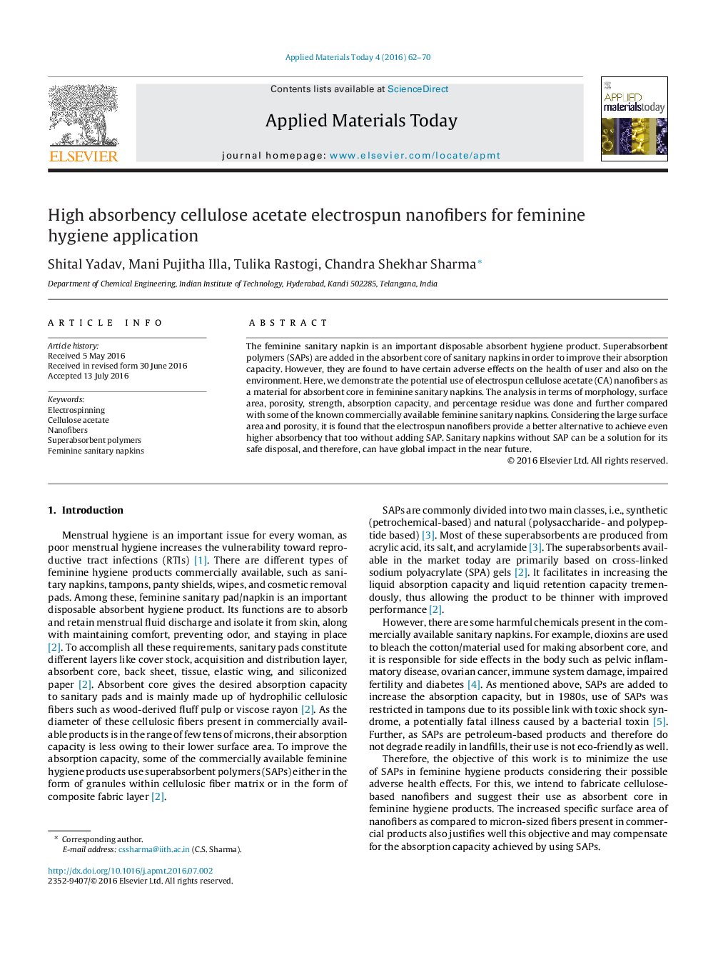 عکس صفحه اول مقاله: High absorbency cellulose acetate electrospun nanofibers for feminine hygiene application High absorbency cellulose acetate electrospun nanofibers for feminine hygiene application