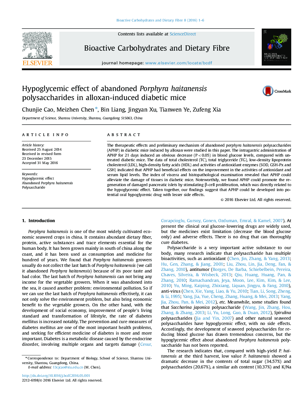 Hypoglycemic effect of abandoned Porphyra haitanensis polysaccharides in alloxan-induced diabetic mice