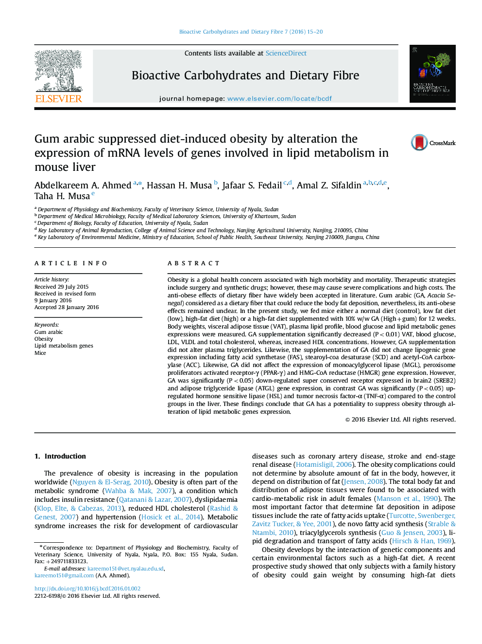 Gum arabic suppressed diet-induced obesity by alteration the expression of mRNA levels of genes involved in lipid metabolism in mouse liver