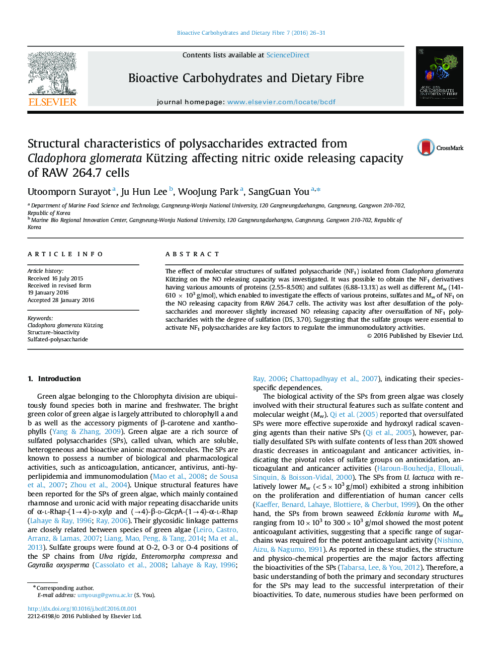 Structural characteristics of polysaccharides extracted from Cladophora glomerata Kützing affecting nitric oxide releasing capacity of RAW 264.7 cells