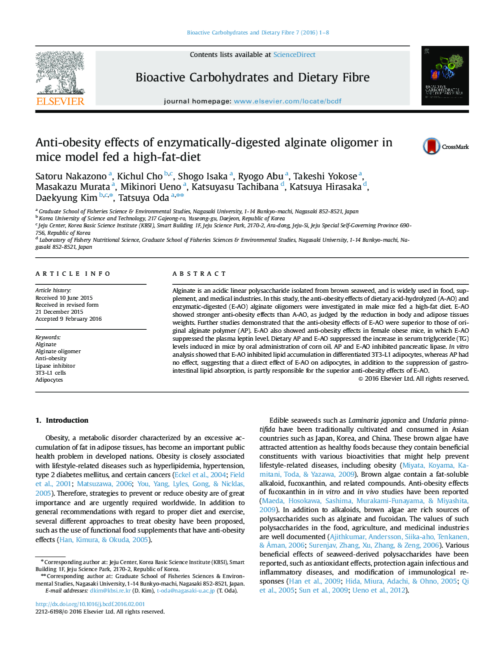 Anti-obesity effects of enzymatically-digested alginate oligomer in mice model fed a high-fat-diet