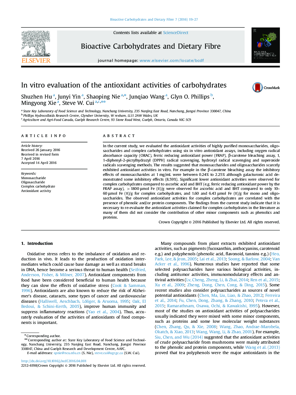 In vitro evaluation of the antioxidant activities of carbohydrates