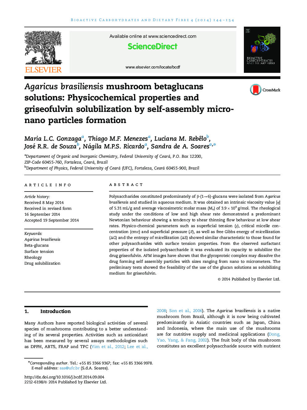 Agaricus brasiliensis mushroom betaglucans solutions: Physicochemical properties and griseofulvin solubilization by self-assembly micro-nano particles formation