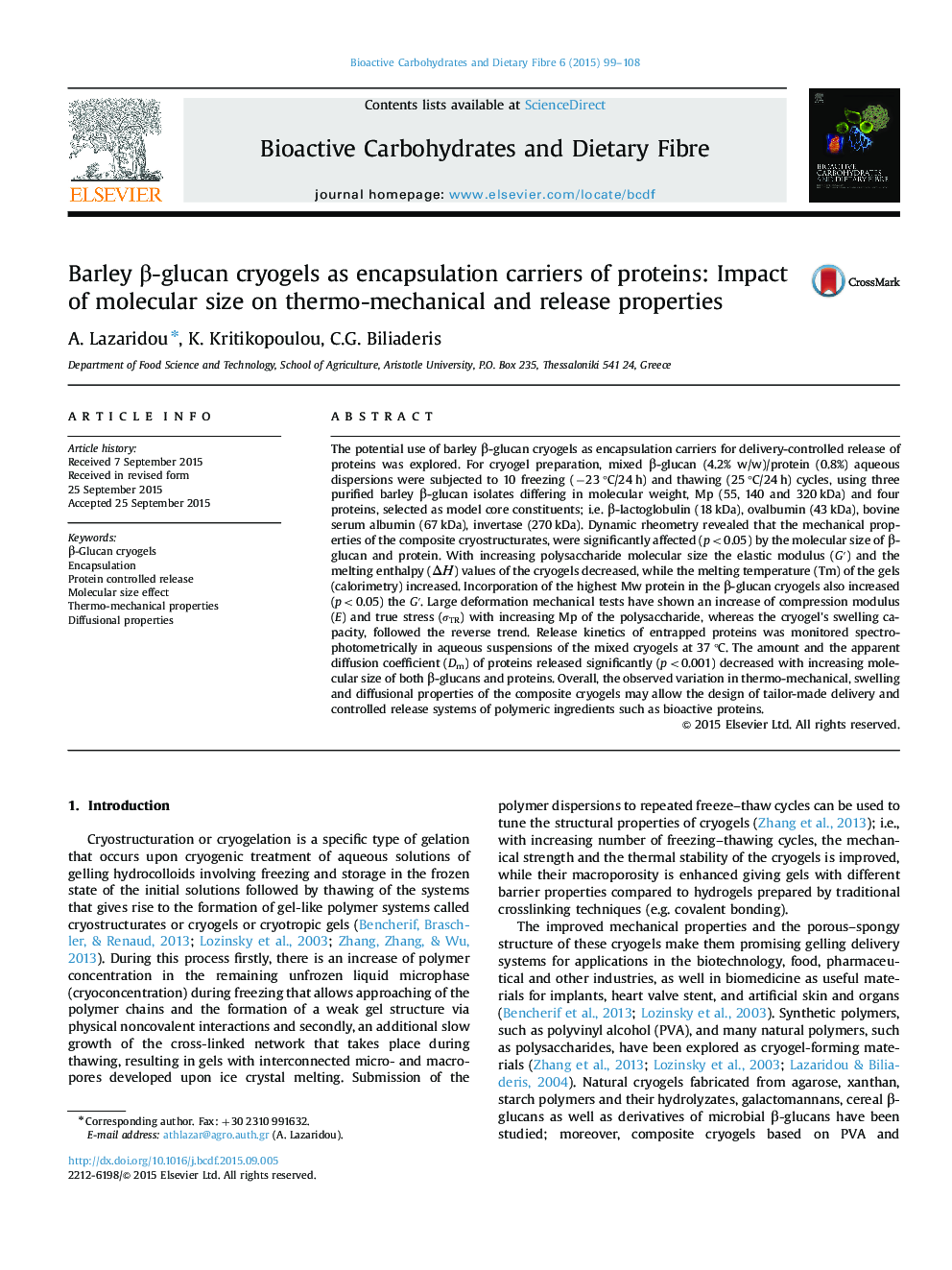 Barley β-glucan cryogels as encapsulation carriers of proteins: Impact of molecular size on thermo-mechanical and release properties
