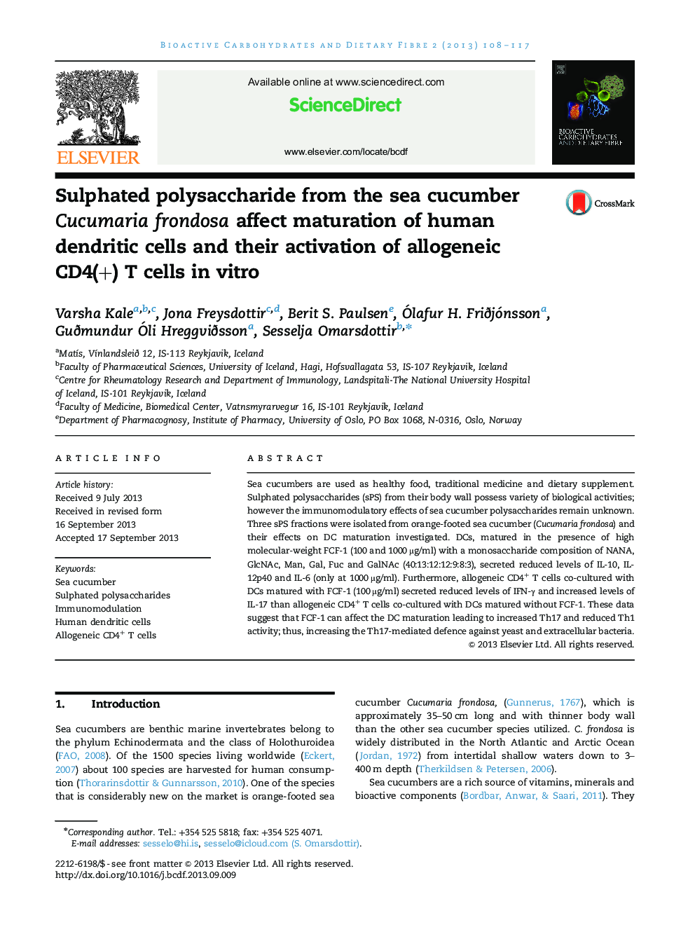Sulphated polysaccharide from the sea cucumber Cucumaria frondosa affect maturation of human dendritic cells and their activation of allogeneic CD4(+) T cells in vitro