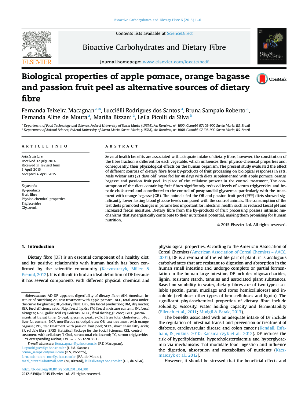 Biological properties of apple pomace, orange bagasse and passion fruit peel as alternative sources of dietary fibre