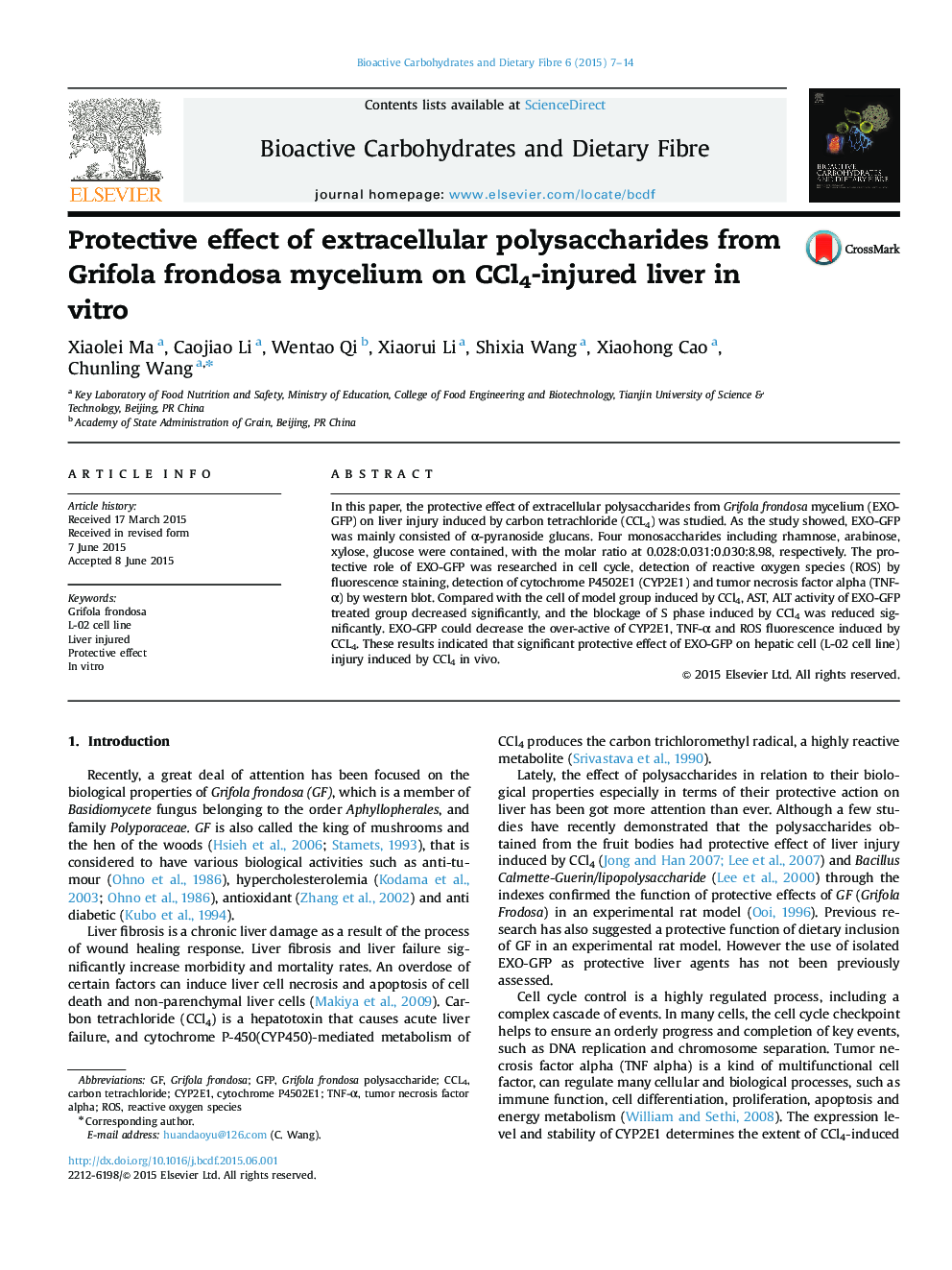 Protective effect of extracellular polysaccharides from Grifola frondosa mycelium on CCl4-injured liver in vitro
