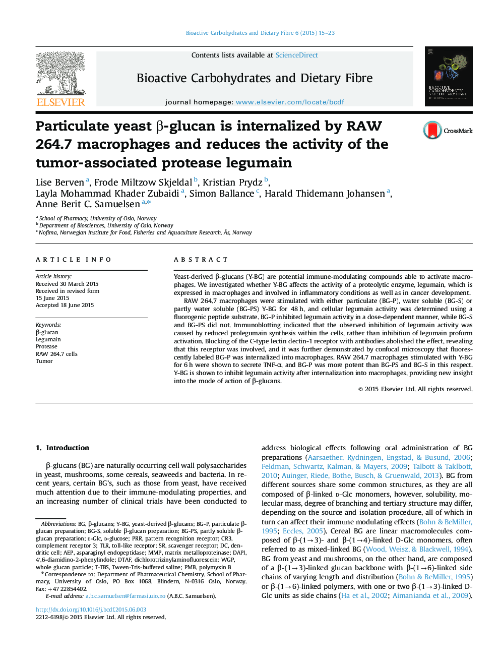 Particulate yeast β-glucan is internalized by RAW 264.7 macrophages and reduces the activity of the tumor-associated protease legumain