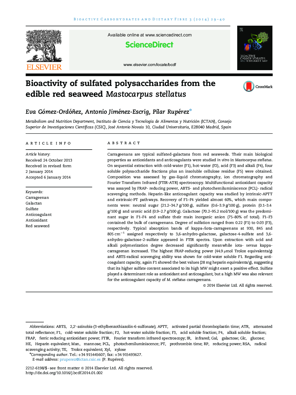 Bioactivity of sulfated polysaccharides from the edible red seaweed Mastocarpus stellatus